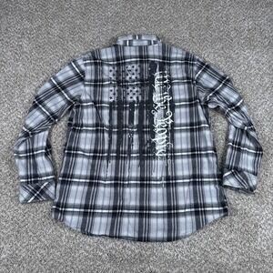 Howitzer Shirt Mens XL Black Gray White Plaid Flannel Long Sleeve Button Up Flag